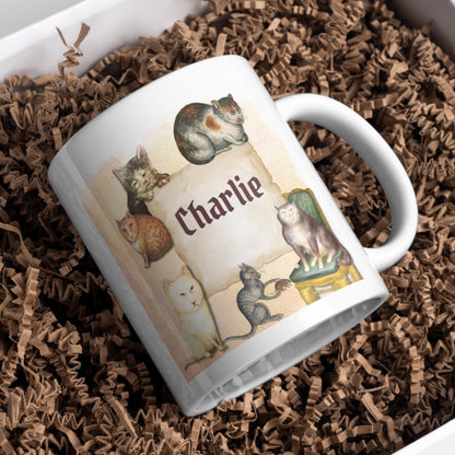 Personalised Medieval Cat Mug, Ugly Cats, Marginalia, Funny Custom Name Coffee Cup - Multi Colour Options