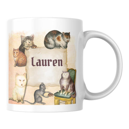 Personalised Medieval Cat Mug, Ugly Cats, Marginalia, Funny Custom Name Coffee Cup - Multi Colour Options