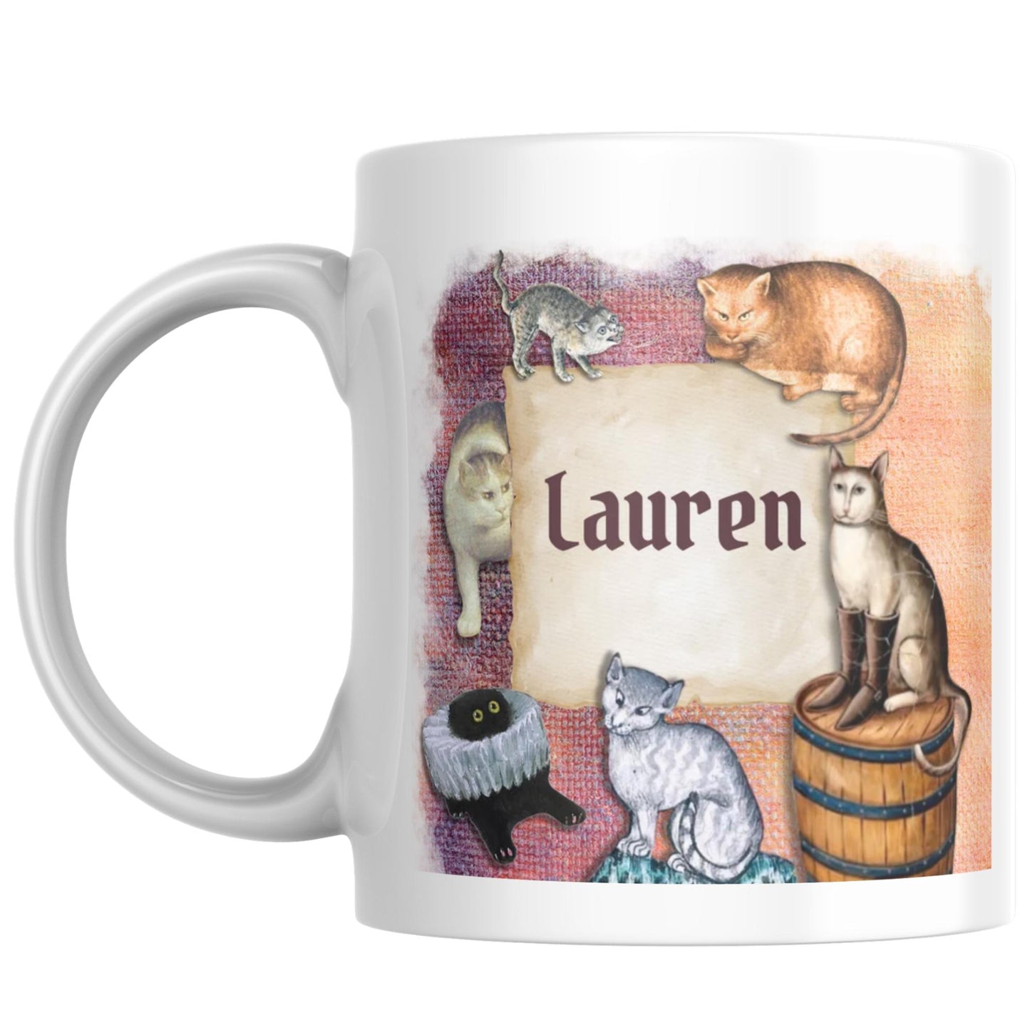 Personalised Medieval Cat Mug, Ugly Cats, Marginalia, Funny Custom Name Coffee Cup - Multi Colour Options