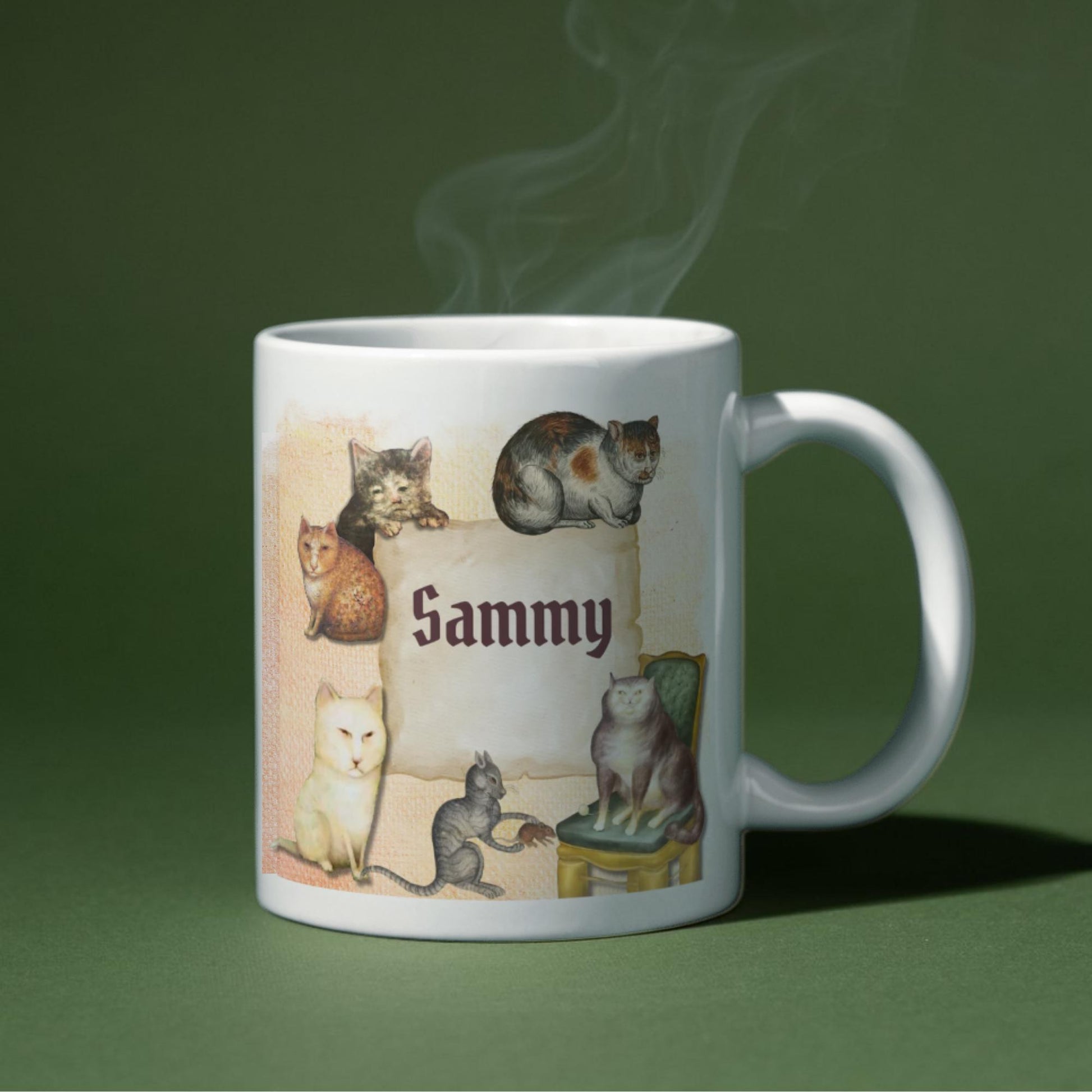 Personalised Medieval Cat Mug, Ugly Cats, Marginalia, Funny Custom Name Coffee Cup - Multi Colour Options