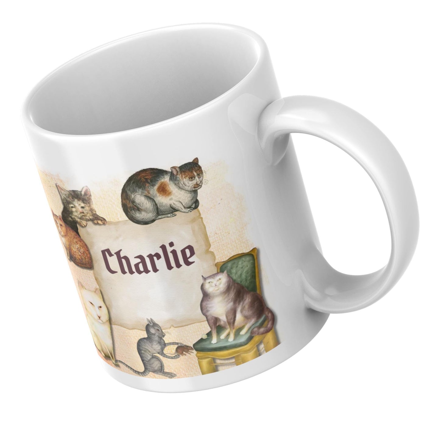 Personalised Medieval Cat Mug, Ugly Cats, Marginalia, Funny Custom Name Coffee Cup - Multi Colour Options