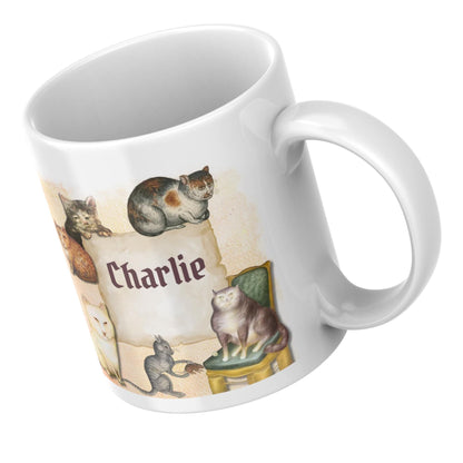Personalised Medieval Cat Mug, Ugly Cats, Marginalia, Funny Custom Name Coffee Cup - Multi Colour Options