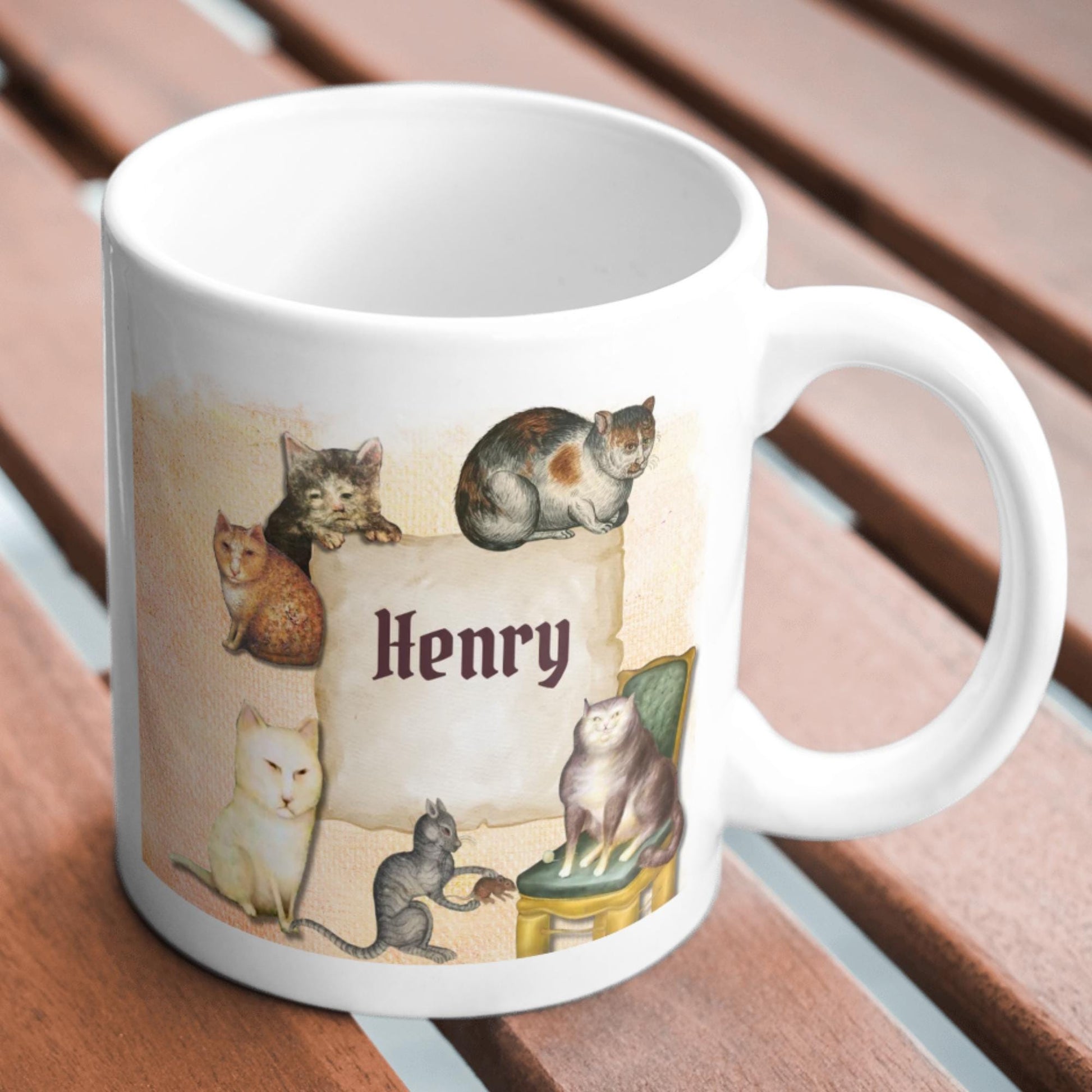 Personalised Medieval Cat Mug, Ugly Cats, Marginalia, Funny Custom Name Coffee Cup - Multi Colour Options