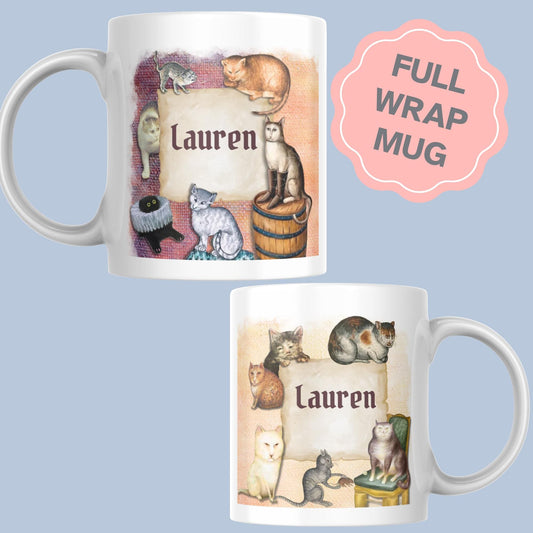 Personalised Medieval Cat Mug, Ugly Cats, Marginalia, Funny Custom Name Coffee Cup - Multi Colour Options