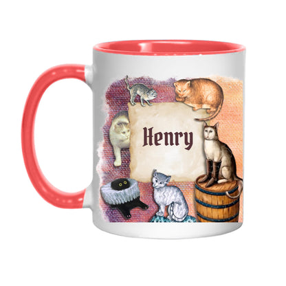 Personalised Medieval Cat Mug, Ugly Cats, Marginalia, Funny Custom Name Coffee Cup - Multi Colour Options