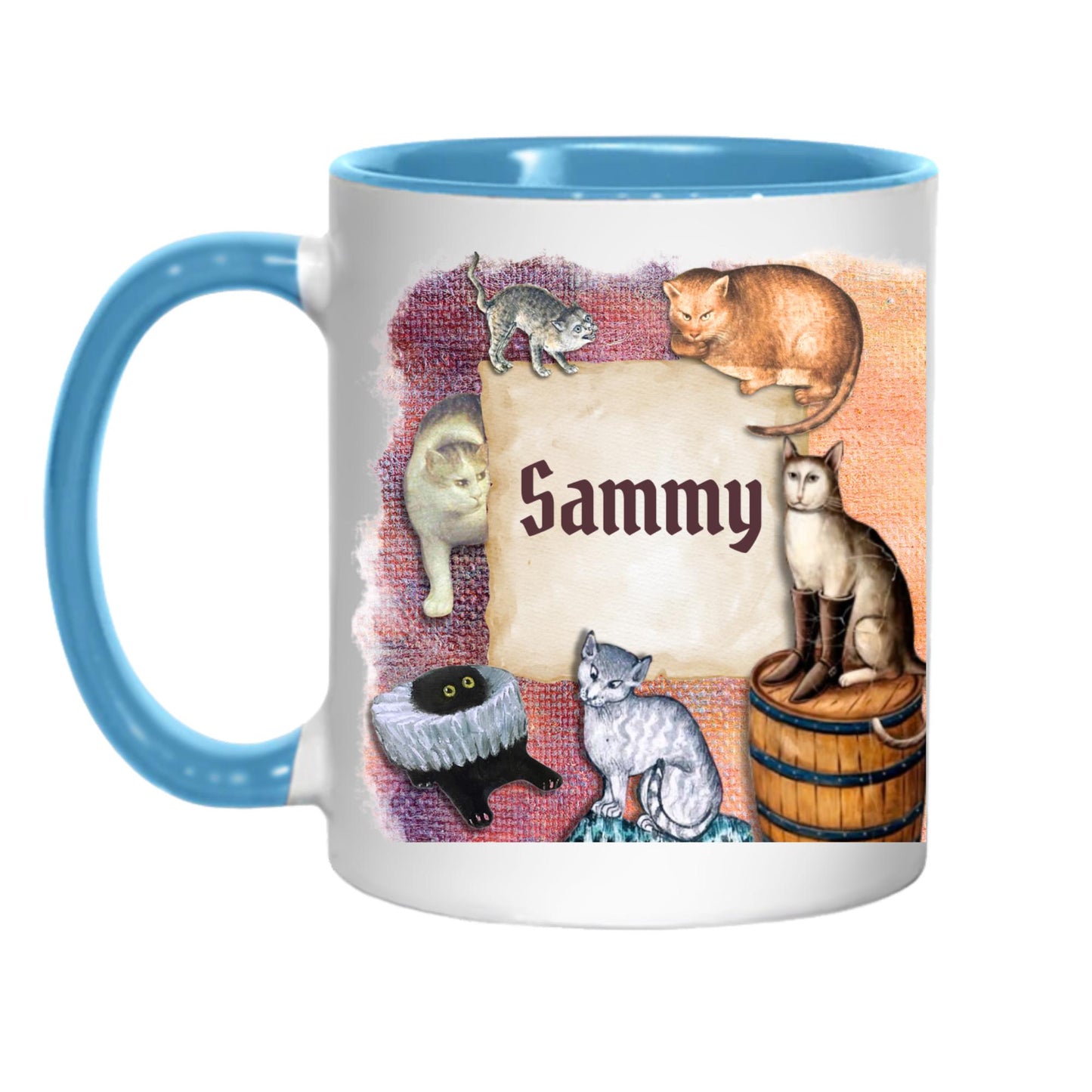 Personalised Medieval Cat Mug, Ugly Cats, Marginalia, Funny Custom Name Coffee Cup - Multi Colour Options