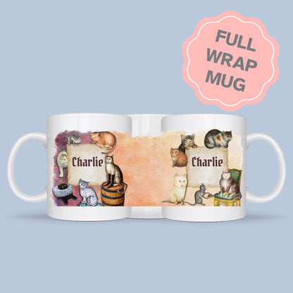 Personalised Medieval Cat Mug, Ugly Cats, Marginalia, Funny Custom Name Coffee Cup - Multi Colour Options