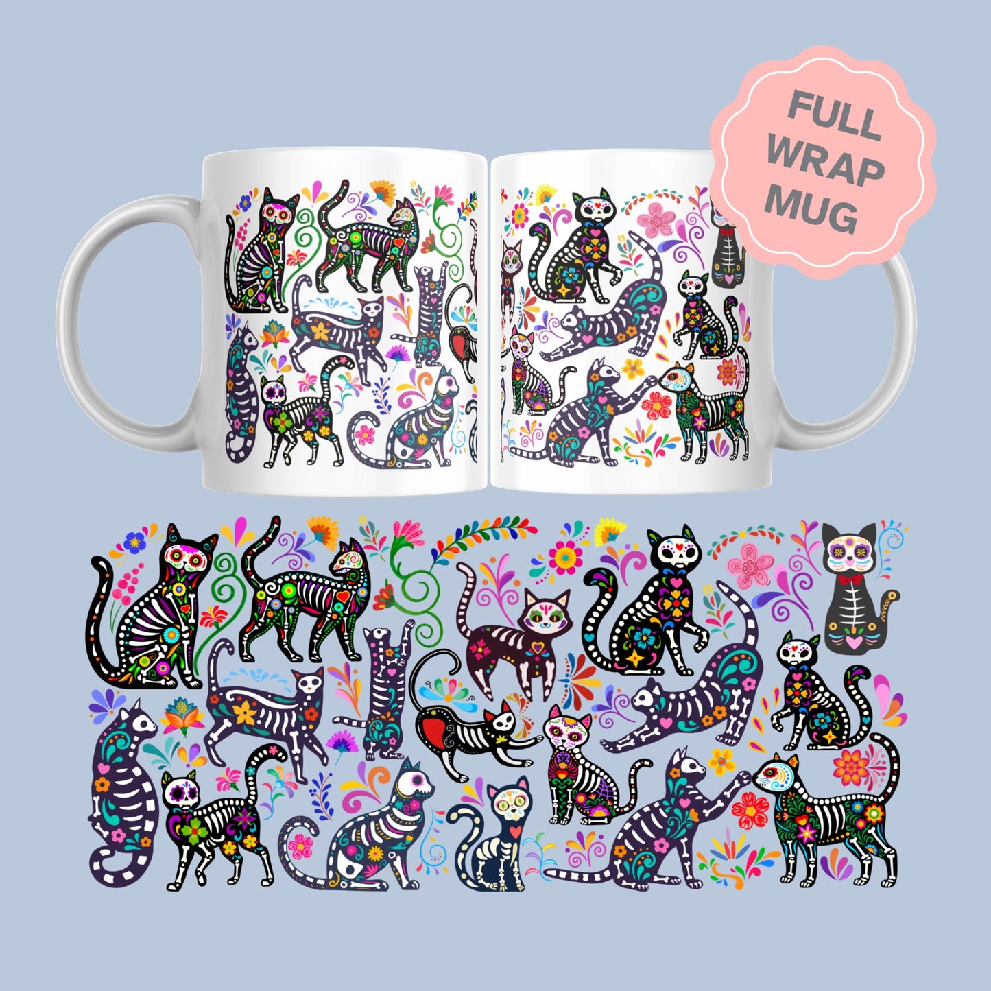 Gothic Cat Mug, Sugar Skull, Cinco De Mayo Cats, Great Gift for Goths, Emo, Multi Mug Colour Options