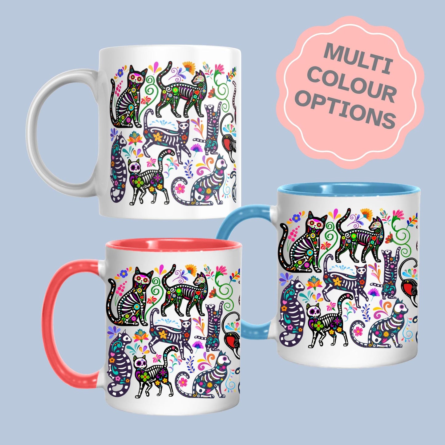 Gothic Cat Mug, Sugar Skull, Cinco De Mayo Cats, Great Gift for Goths, Emo, Multi Mug Colour Options