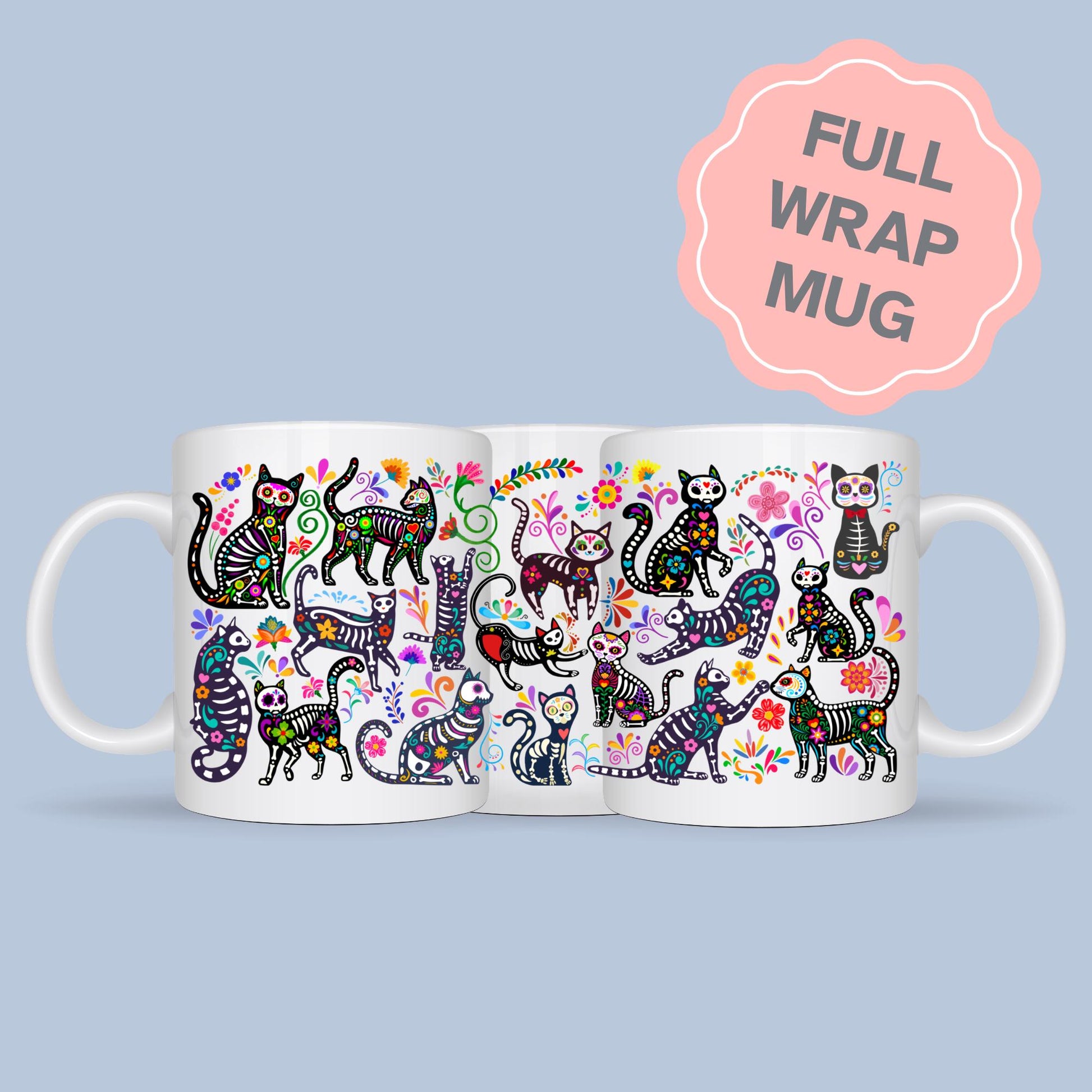 Gothic Cat Mug, Sugar Skull, Cinco De Mayo Cats, Great Gift for Goths, Emo, Multi Mug Colour Options