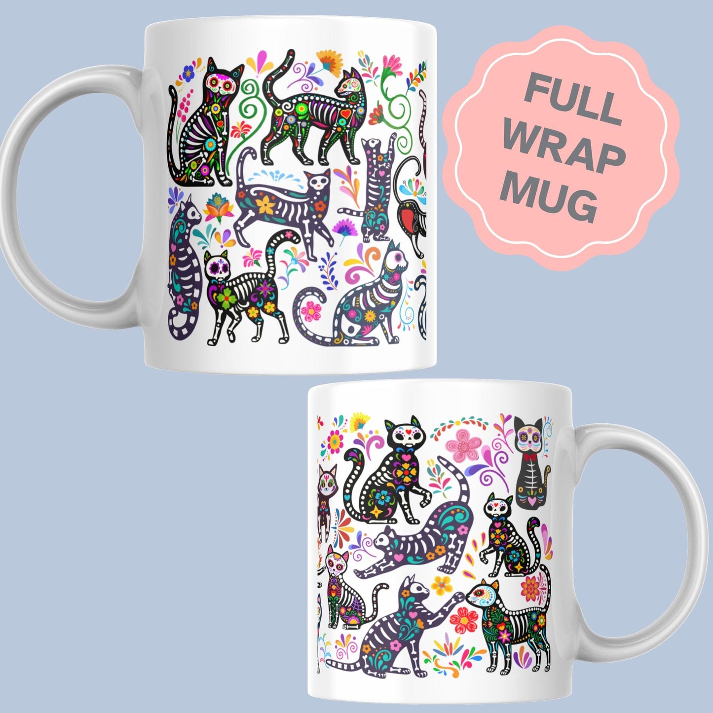 Gothic Cat Mug, Sugar Skull, Cinco De Mayo Cats, Great Gift for Goths, Emo, Multi Mug Colour Options
