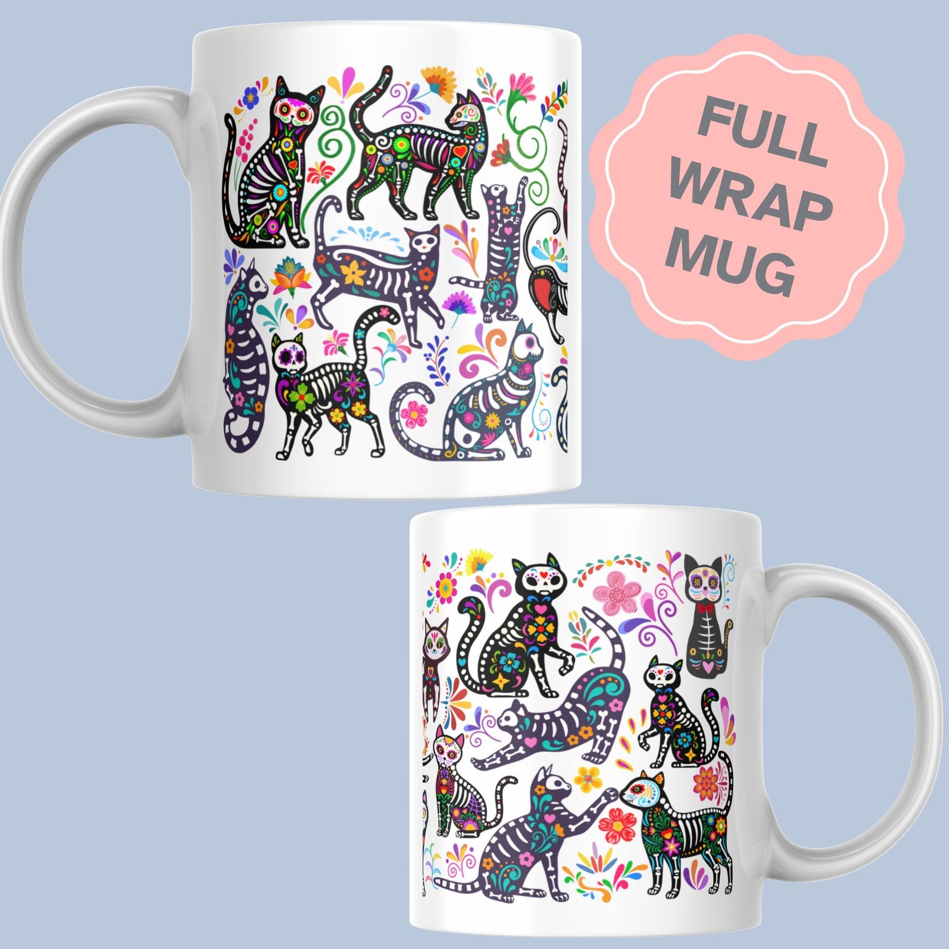 Gothic Cat Mug, Sugar Skull, Cinco De Mayo Cats, Great Gift for Goths, Emo, Multi Mug Colour Options