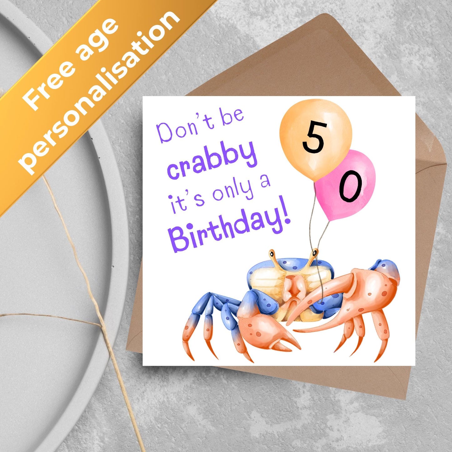 Crab Personalised Age Birthday Card Sea Themed, Nautical, 20th, 30th, 40th, 50th
