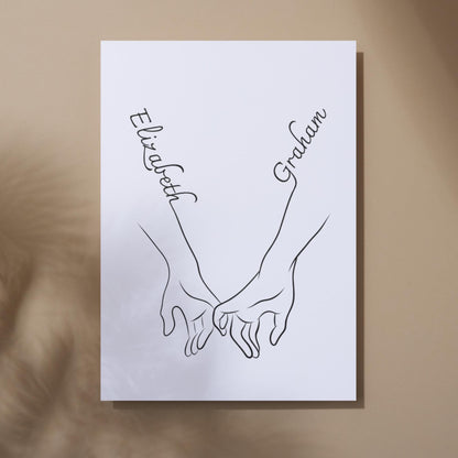 Personalised Name Wedding Gift, Holding Hands Custom Name Wall Art, A4 Poster Print with Couples Names, Anniversary Gift