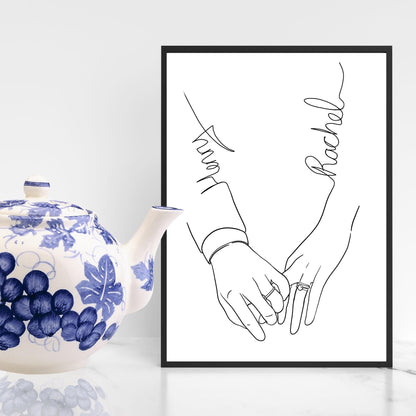 Personalised Name Wedding Gift, Holding Hands Custom Name Wall Art, A4 Poster Print with Couples Names, Anniversary Gift