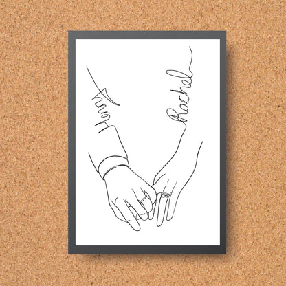 Personalised Name Wedding Gift, Holding Hands Custom Name Wall Art, A4 Poster Print with Couples Names, Anniversary Gift