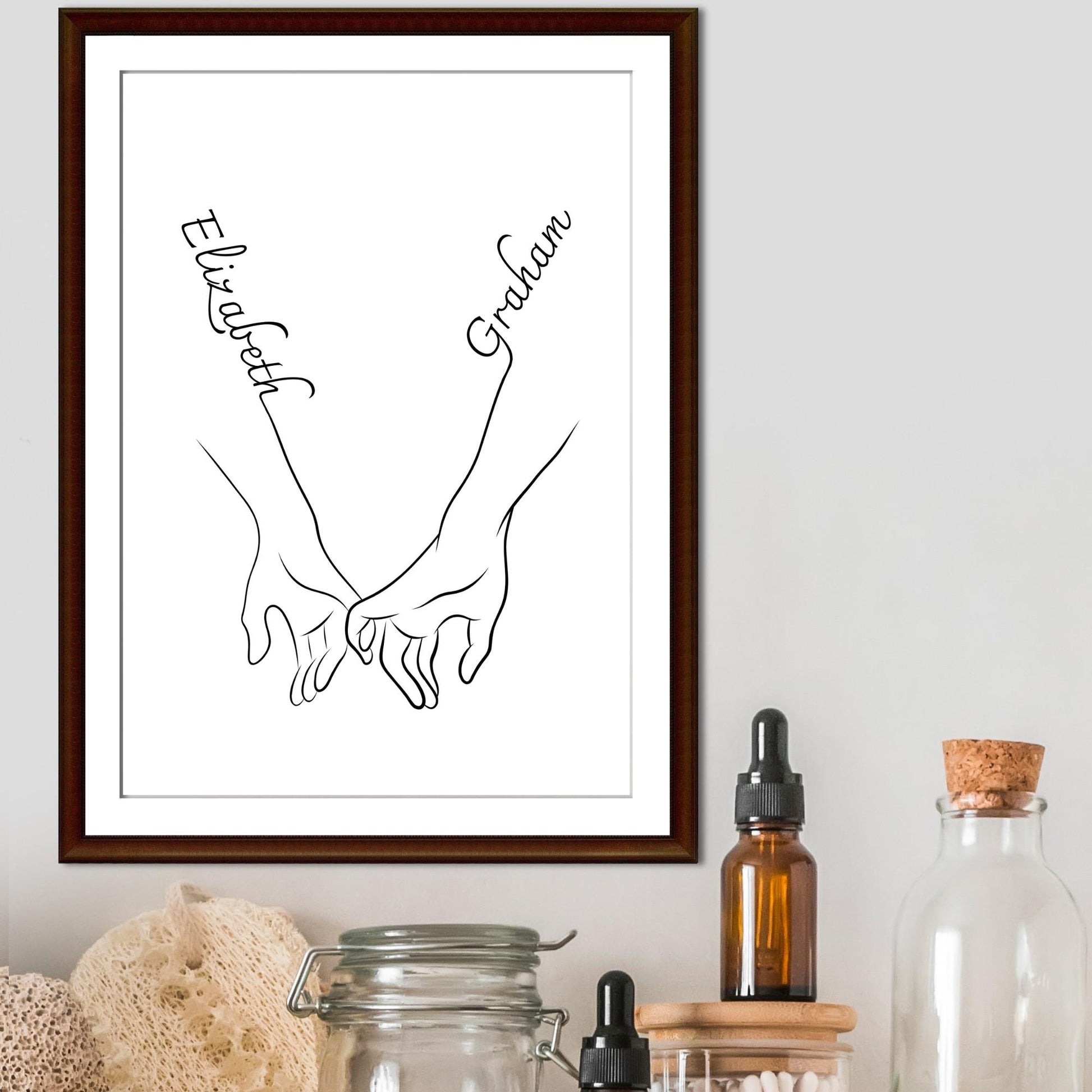 Personalised Name Wedding Gift, Holding Hands Custom Name Wall Art, A4 Poster Print with Couples Names, Anniversary Gift