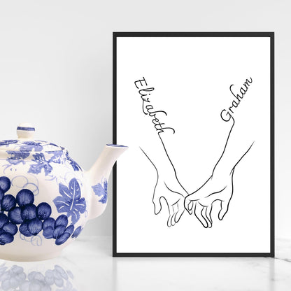 Personalised Name Wedding Gift, Holding Hands Custom Name Wall Art, A4 Poster Print with Couples Names, Anniversary Gift