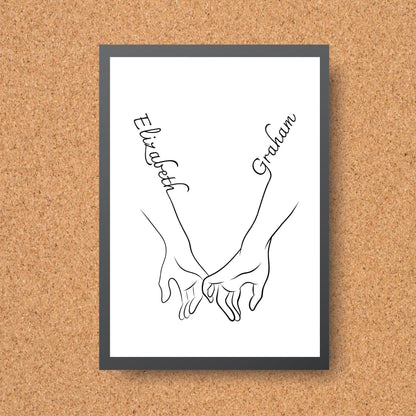 Personalised Name Wedding Gift, Holding Hands Custom Name Wall Art, A4 Poster Print with Couples Names, Anniversary Gift