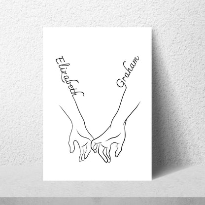 Personalised Name Wedding Gift, Holding Hands Custom Name Wall Art, A4 Poster Print with Couples Names, Anniversary Gift