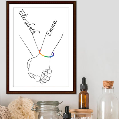 Personalised Name LGBTQ+ Wedding Gift, Holding Hands Custom Name Wall Art, A4 Poster Print with Couples Names, Anniversary Gift