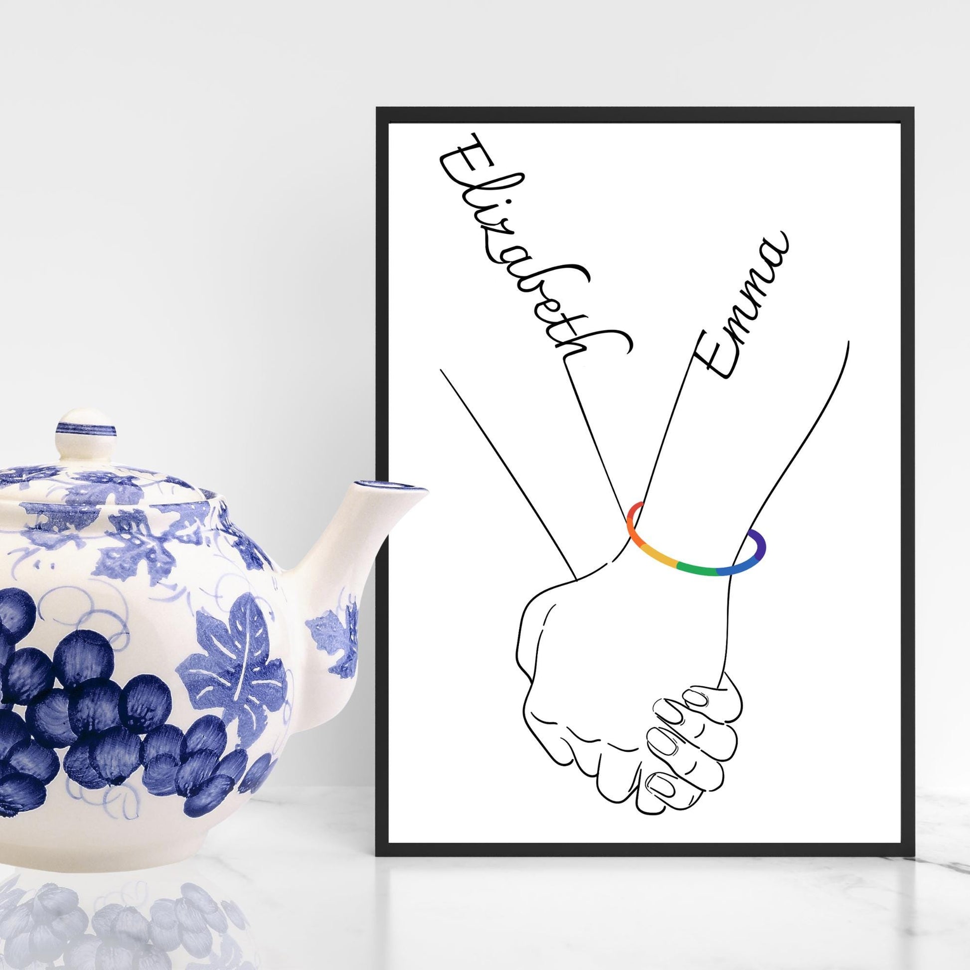 Personalised Name LGBTQ+ Wedding Gift, Holding Hands Custom Name Wall Art, A4 Poster Print with Couples Names, Anniversary Gift