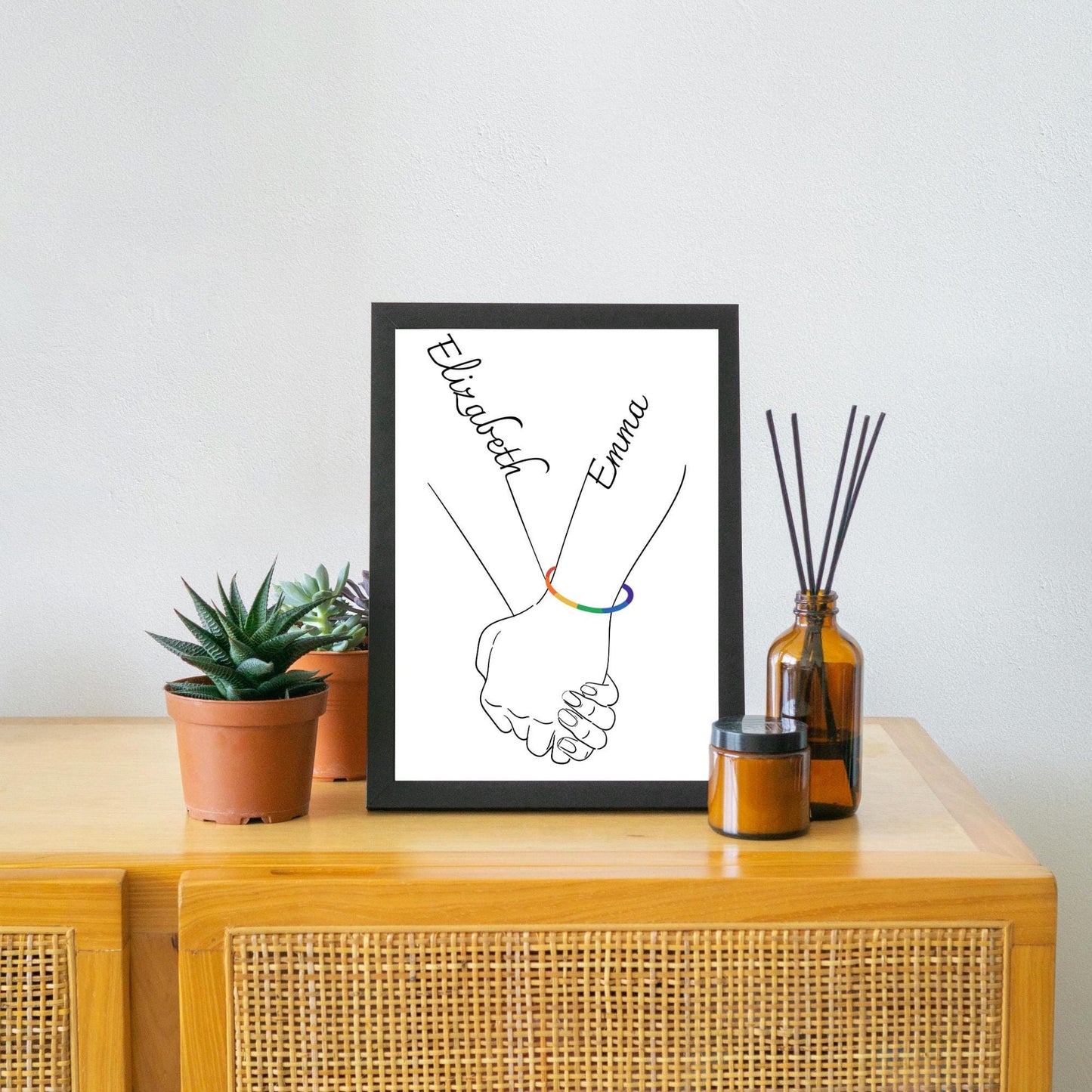 Personalised Name LGBTQ+ Wedding Gift, Holding Hands Custom Name Wall Art, A4 Poster Print with Couples Names, Anniversary Gift