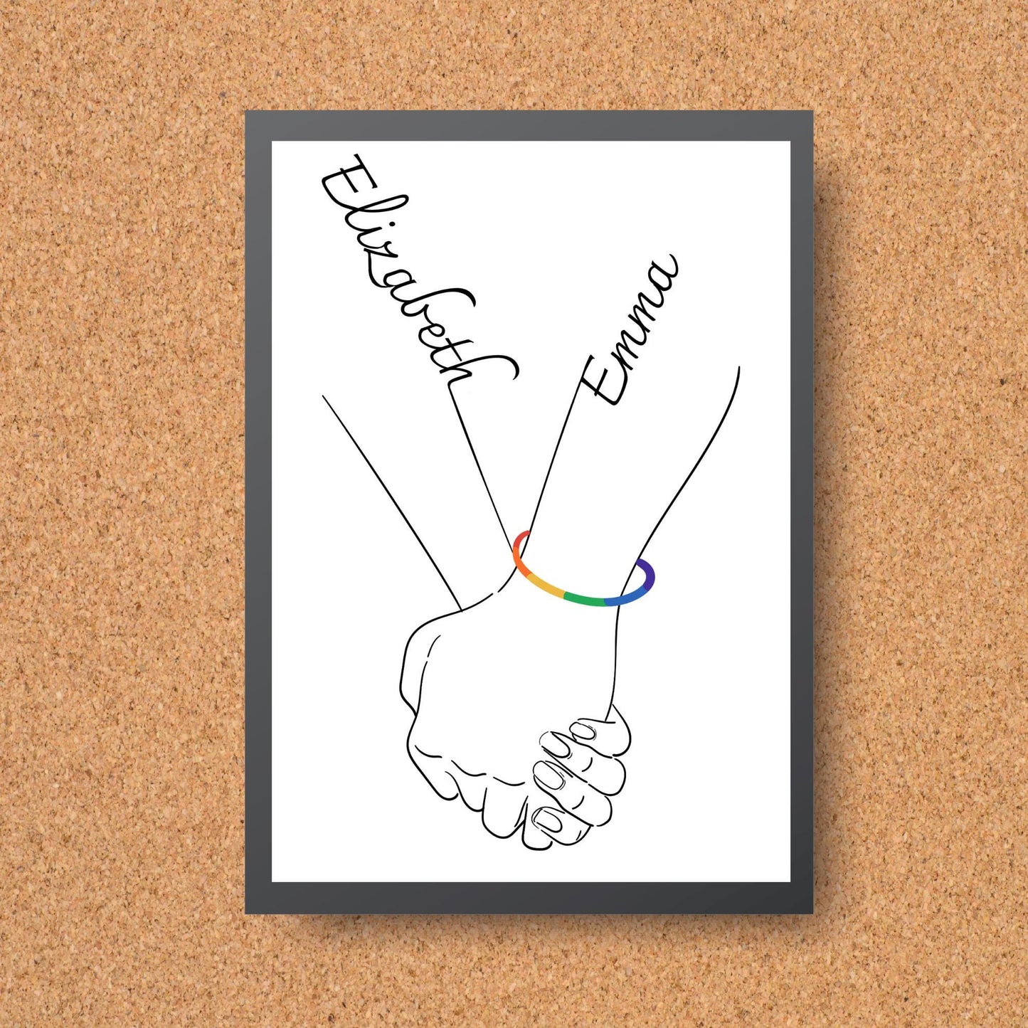 Personalised Name LGBTQ+ Wedding Gift, Holding Hands Custom Name Wall Art, A4 Poster Print with Couples Names, Anniversary Gift