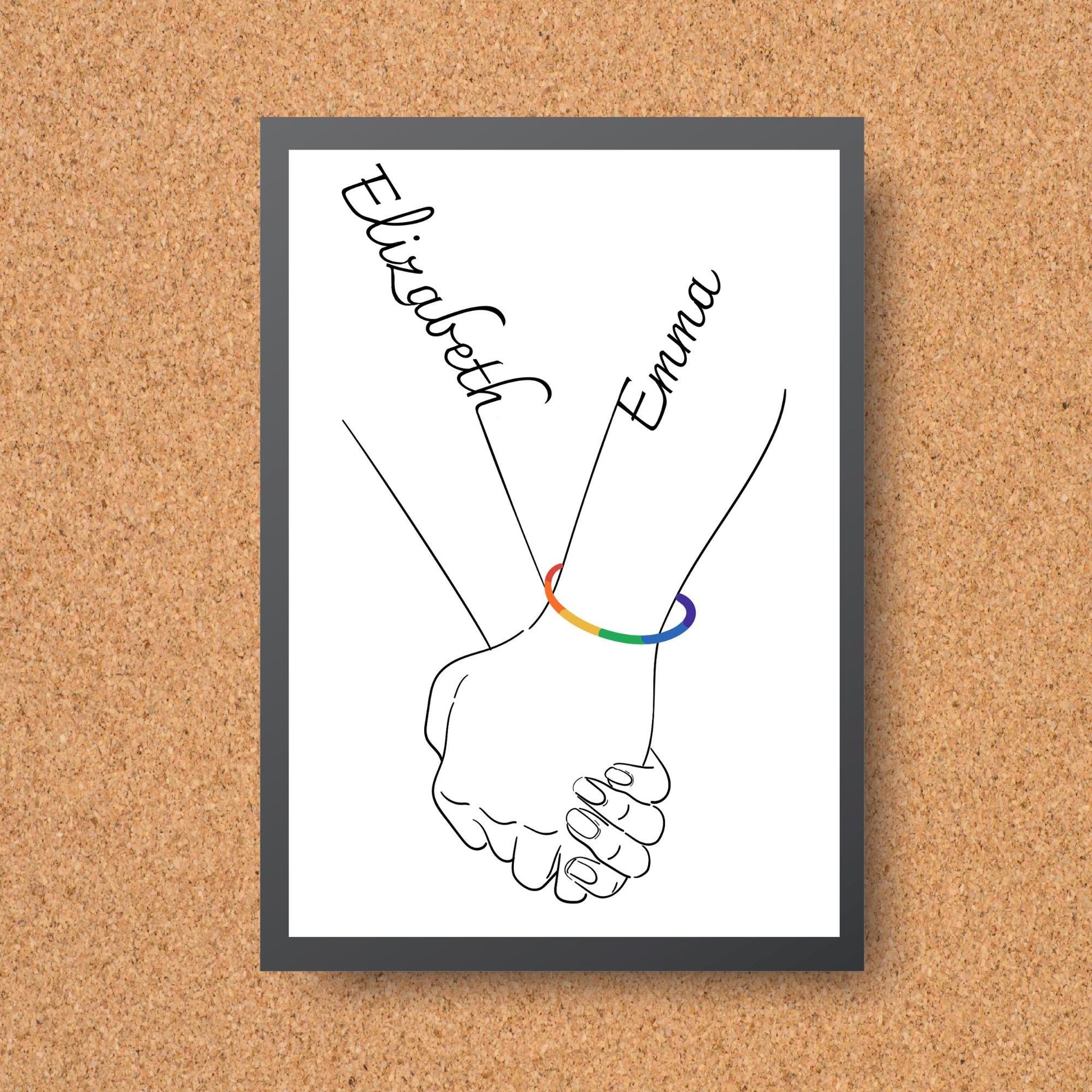 Personalised Name LGBTQ+ Wedding Gift, Holding Hands Custom Name Wall Art, A4 Poster Print with Couples Names, Anniversary Gift