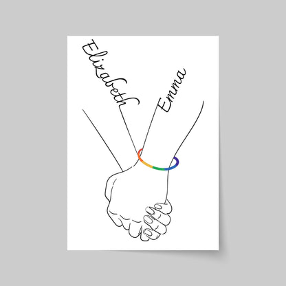 Personalised Name LGBTQ+ Wedding Gift, Holding Hands Custom Name Wall Art, A4 Poster Print with Couples Names, Anniversary Gift