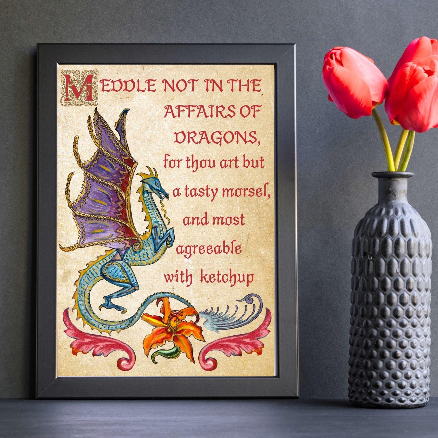 Medieval Dragon Warning A4 Print, Baroque Poster, Quirky Art, Gothic Home Decor, Dungeons and Dragons