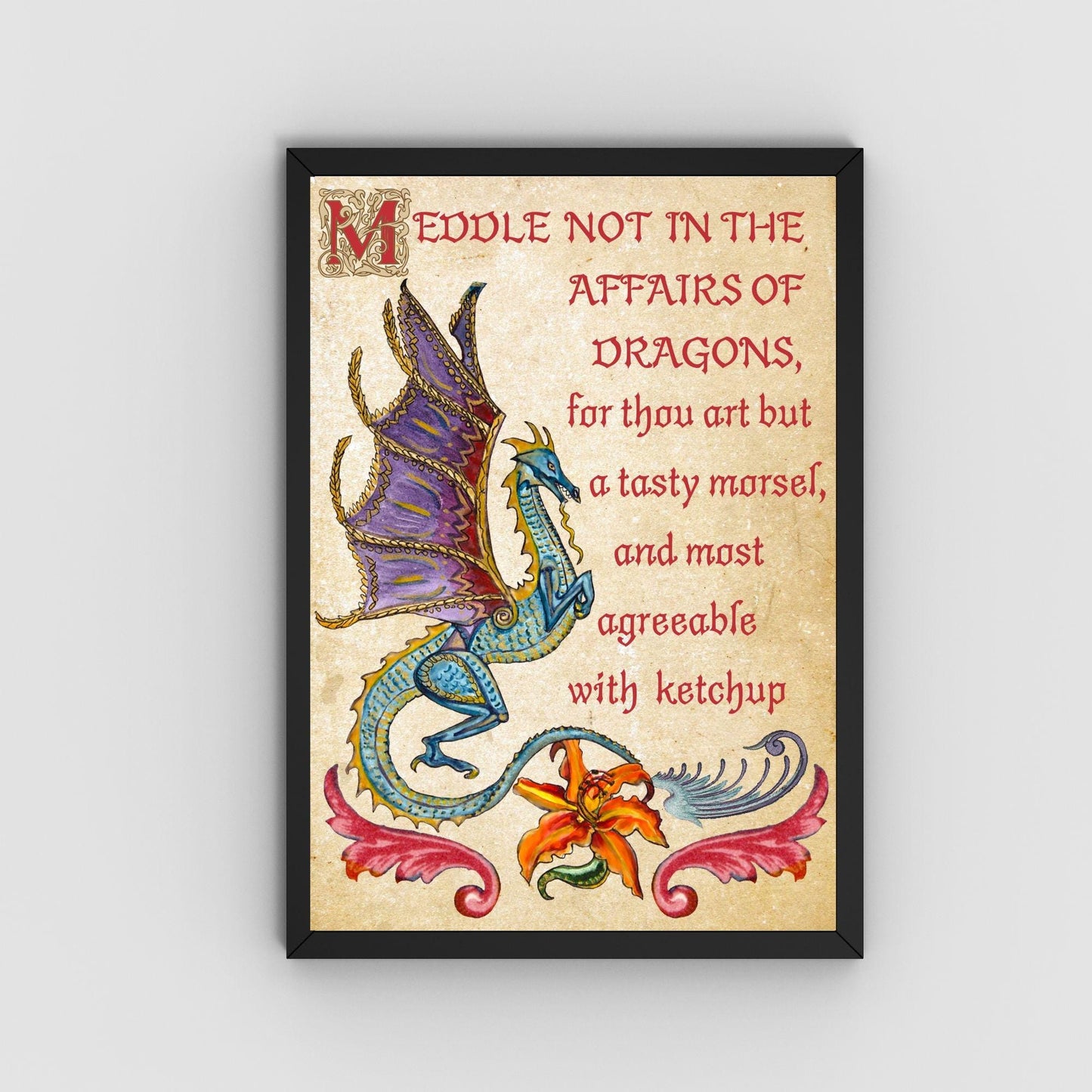 Medieval Dragon Warning A4 Print, Baroque Poster, Quirky Art, Gothic Home Decor, Dungeons and Dragons