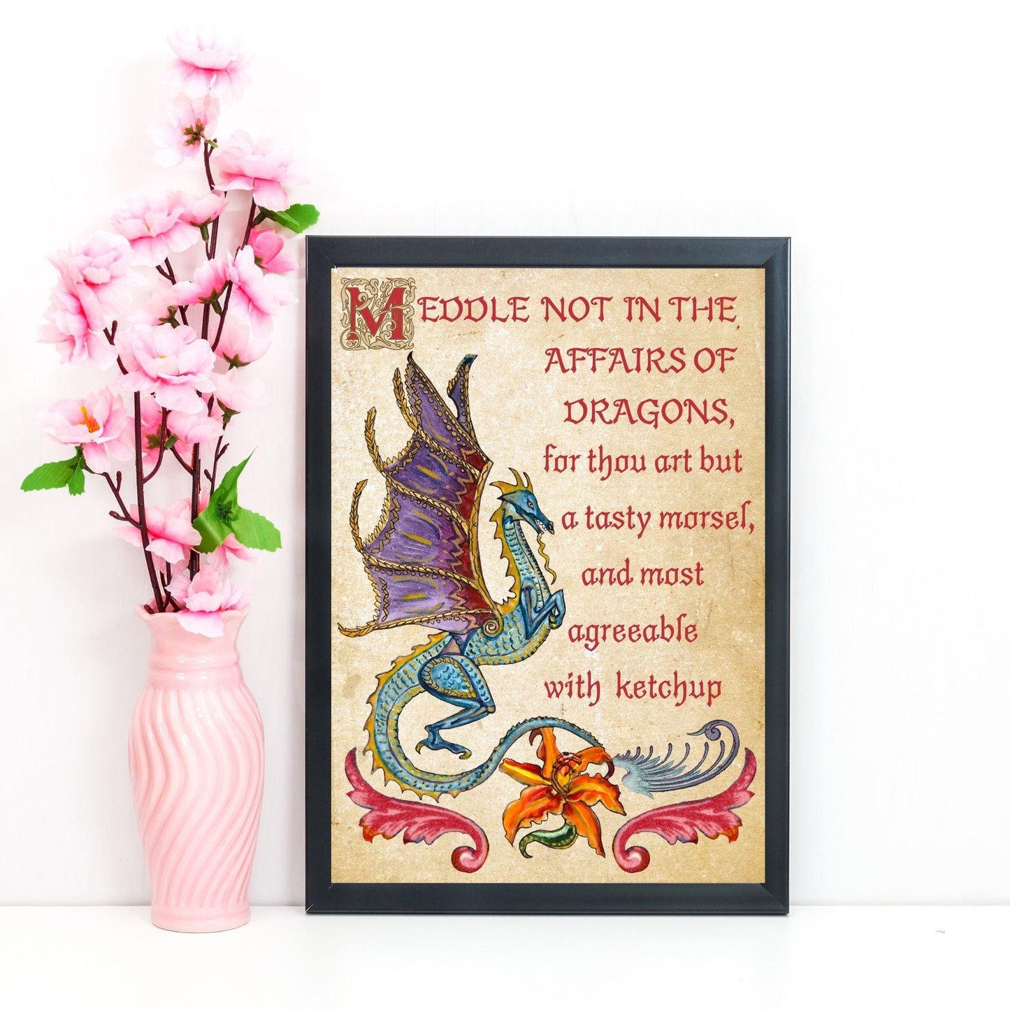 Medieval Dragon Warning A4 Print, Baroque Poster, Quirky Art, Gothic Home Decor, Dungeons and Dragons