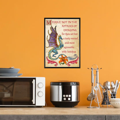 Medieval Dragon Warning A4 Print, Baroque Poster, Quirky Art, Gothic Home Decor, Dungeons and Dragons