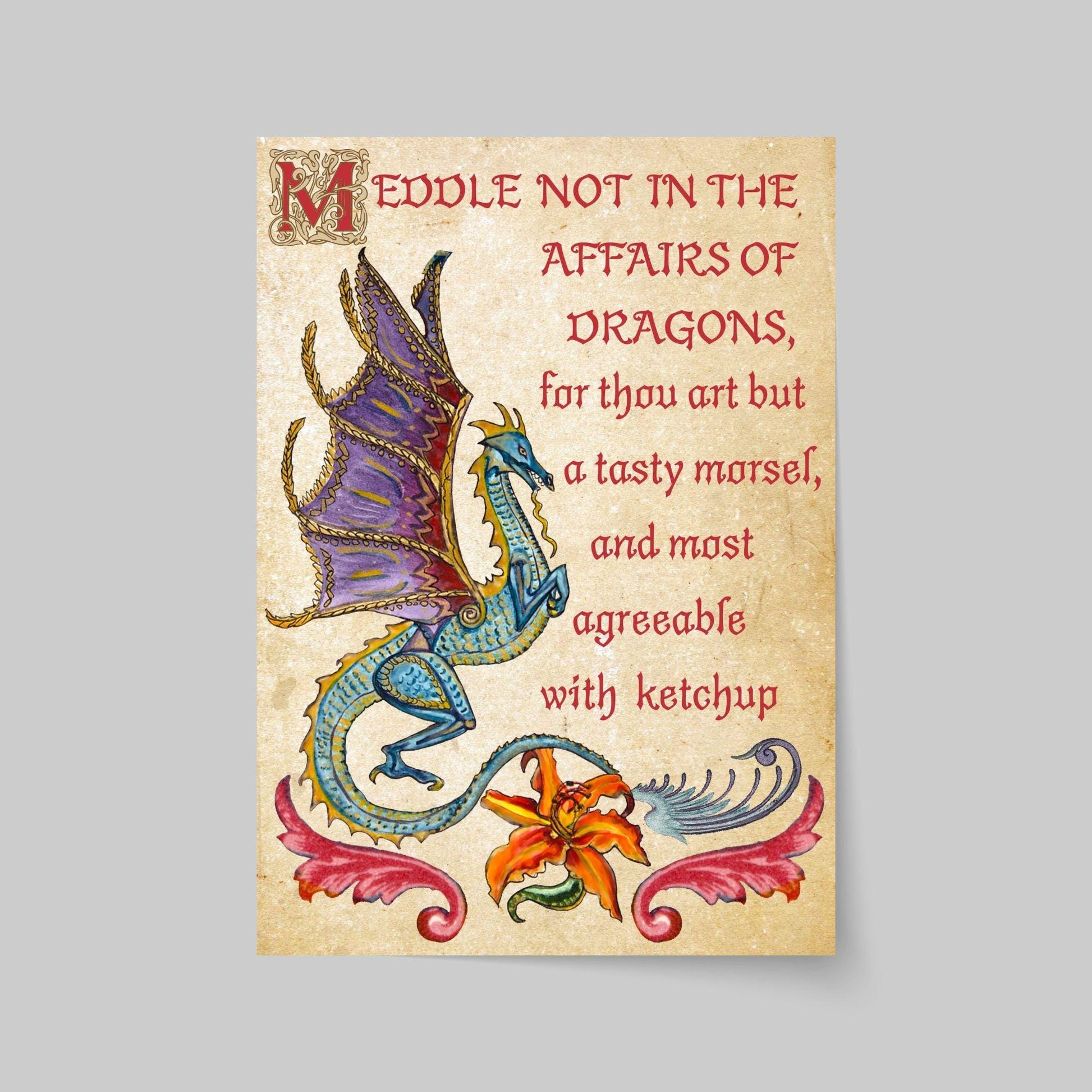 Medieval Dragon Warning A4 Print, Baroque Poster, Quirky Art, Gothic Home Decor, Dungeons and Dragons