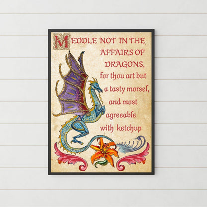 Medieval Dragon Warning A4 Print, Baroque Poster, Quirky Art, Gothic Home Decor, Dungeons and Dragons