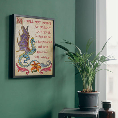Medieval Dragon Warning A4 Print, Baroque Poster, Quirky Art, Gothic Home Decor, Dungeons and Dragons