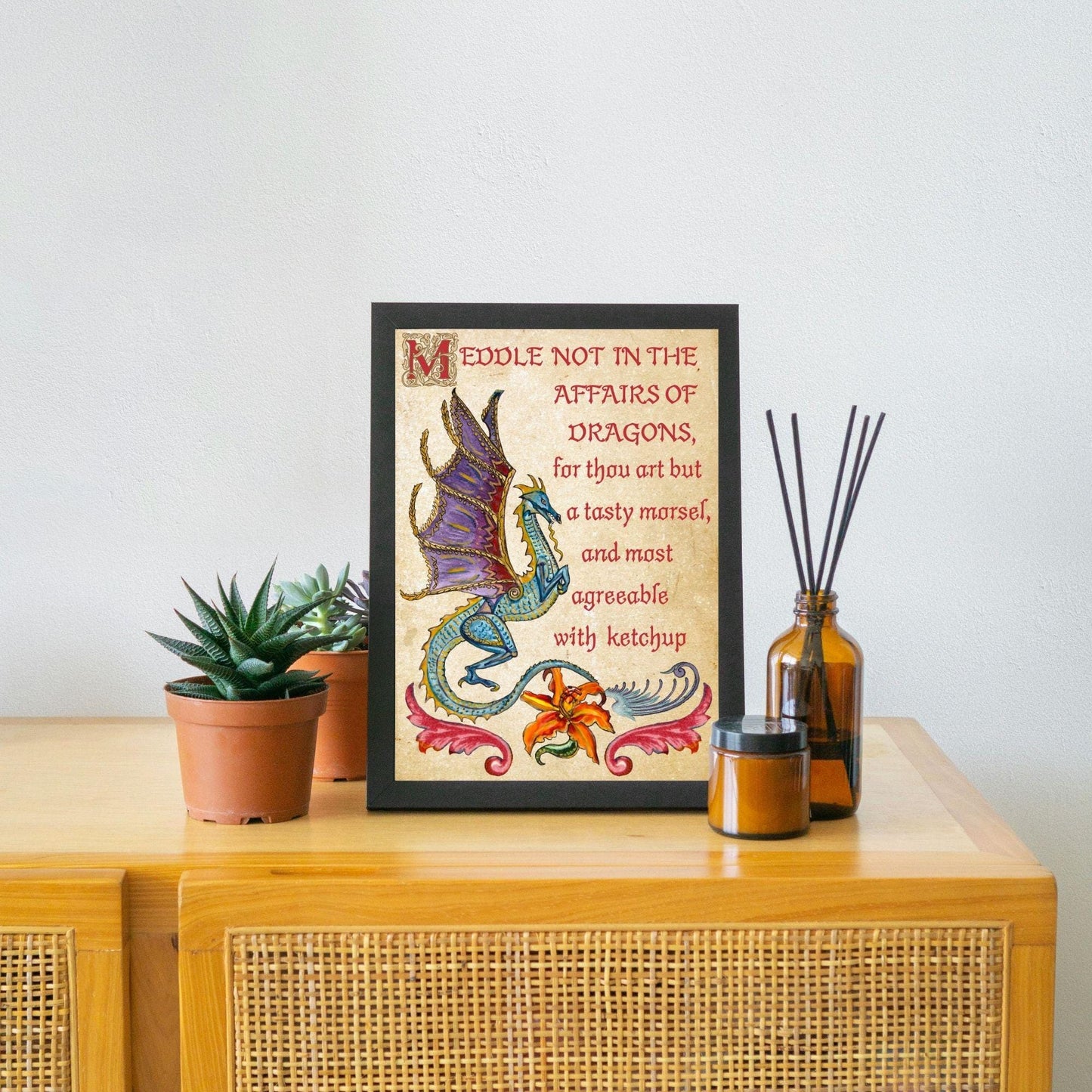 Medieval Dragon Warning A4 Print, Baroque Poster, Quirky Art, Gothic Home Decor, Dungeons and Dragons