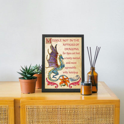 Medieval Dragon Warning A4 Print, Baroque Poster, Quirky Art, Gothic Home Decor, Dungeons and Dragons