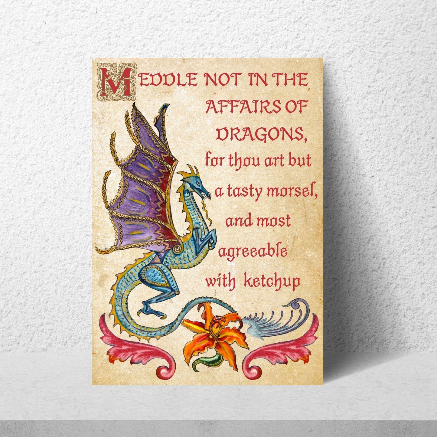 Medieval Dragon Warning A4 Print, Baroque Poster, Quirky Art, Gothic Home Decor, Dungeons and Dragons