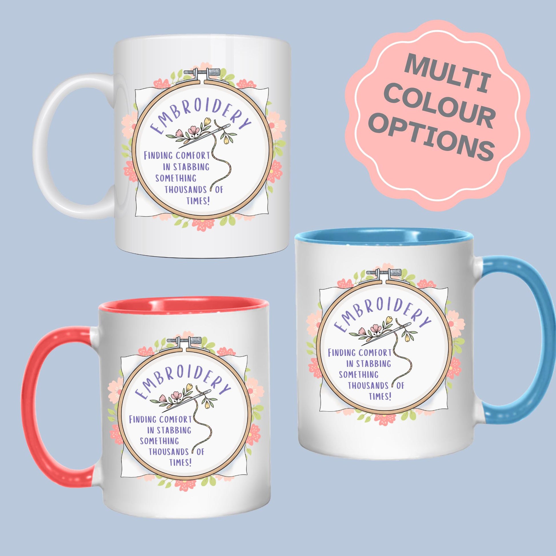 Funny Embroidery Mug, Ceramic Coffee Cup, Cross Stitch Mug, Multi Colour Options