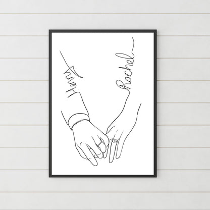 Personalised Name Wedding Gift, Holding Hands Custom Name Wall Art, A4 Poster Print with Couples Names, Anniversary Gift