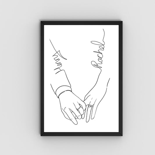 Personalised Name Wedding Gift, Holding Hands Custom Name Wall Art, A4 Poster Print with Couples Names, Anniversary Gift