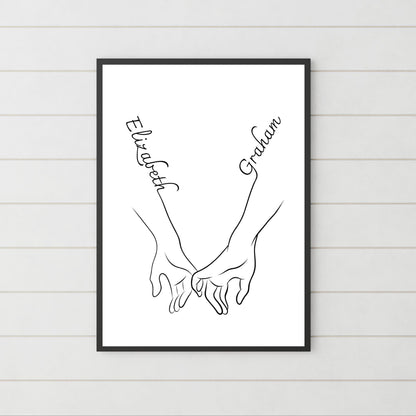 Personalised Name Wedding Gift, Holding Hands Custom Name Wall Art, A4 Poster Print with Couples Names, Anniversary Gift
