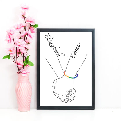 Personalised Name Wedding Gift, Holding Hands Custom Name Wall Art, A4 Poster Print with Couples Names, Anniversary Gift