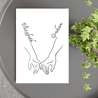 Personalised Name Wedding Gift, Holding Hands Custom Name Wall Art, A4 Poster Print with Couples Names, Anniversary Gift