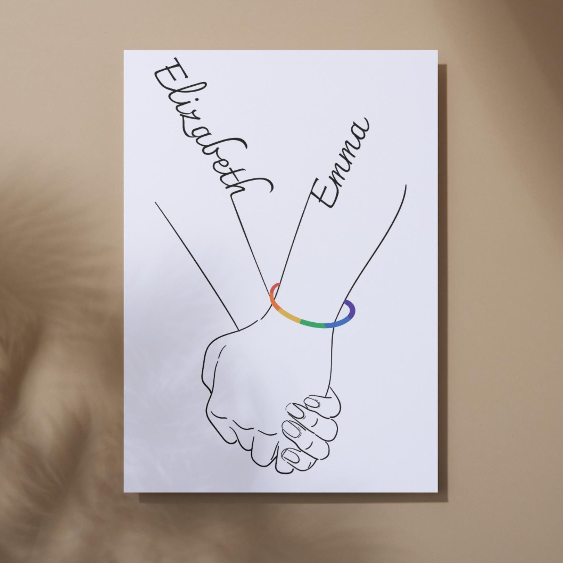 Personalised Name LGBTQ+ Wedding Gift, Holding Hands Custom Name Wall Art, A4 Poster Print with Couples Names, Anniversary Gift