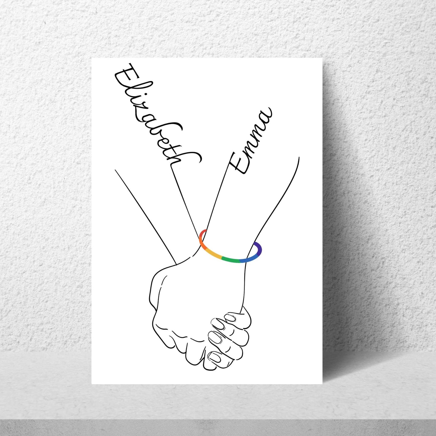 Personalised Name LGBTQ+ Wedding Gift, Holding Hands Custom Name Wall Art, A4 Poster Print with Couples Names, Anniversary Gift