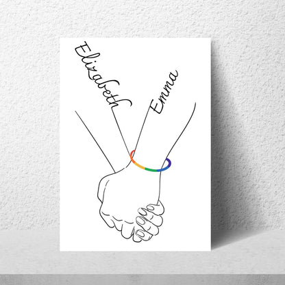 Personalised Name LGBTQ+ Wedding Gift, Holding Hands Custom Name Wall Art, A4 Poster Print with Couples Names, Anniversary Gift