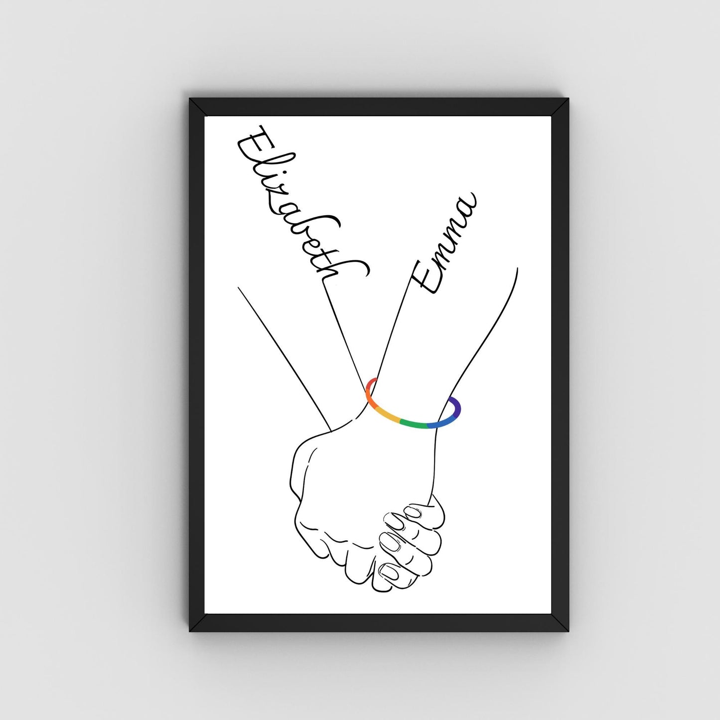 Personalised Name LGBTQ+ Wedding Gift, Holding Hands Custom Name Wall Art, A4 Poster Print with Couples Names, Anniversary Gift